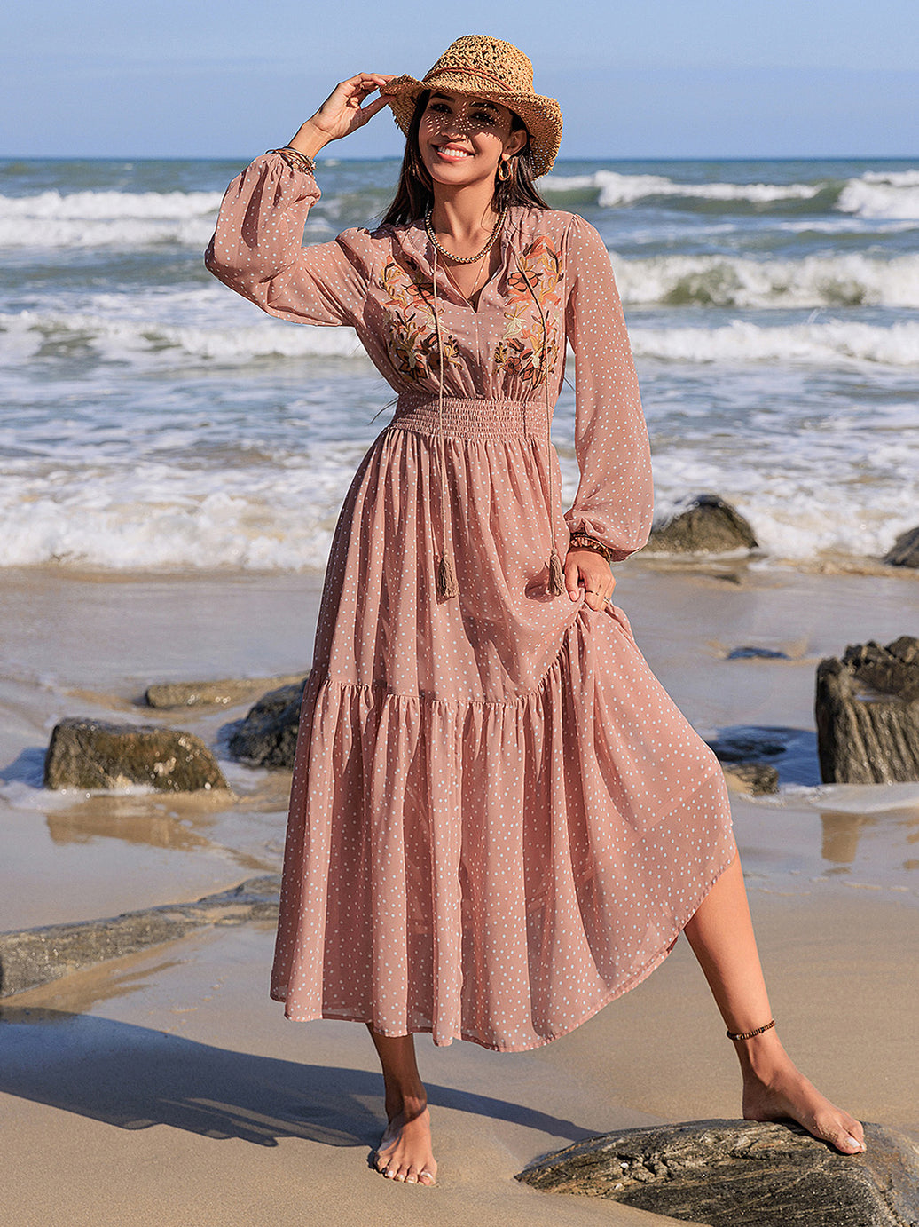 Embroidered Polka Dot Tie Neck Long Sleeve Midi Dress