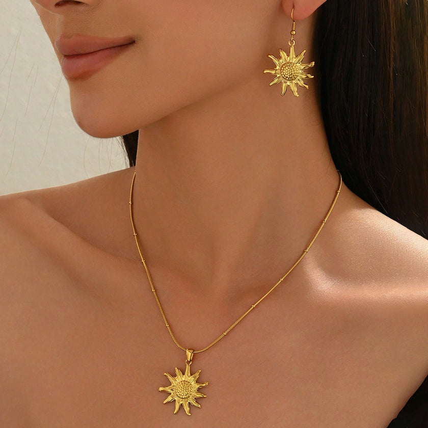 Lxalry 18K Gold Plated Stainless Steel Sun Pendant Necklace And Earrings Set For Women - Elegant Summer Jewelry Gift, Waterproof, Hypoallergenic, Perfect For Birthday, Beach, Wedding, And Daily Wears