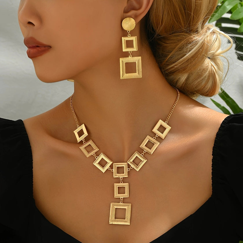 Lxalry 14K Gold Geometric Jewelry Set  Electroplated Necklace   Earrings Duo  Hypoallergenic 316L Gift For Everyday Chic To Evening Glamour