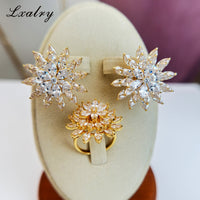 Lxalry 18K Gold Plated Copper Flower Jewelry Set - Baroque Style Statement Ring & Earrings - Hypoallergenic, Non-Tarnish, Elegant Gift For Women