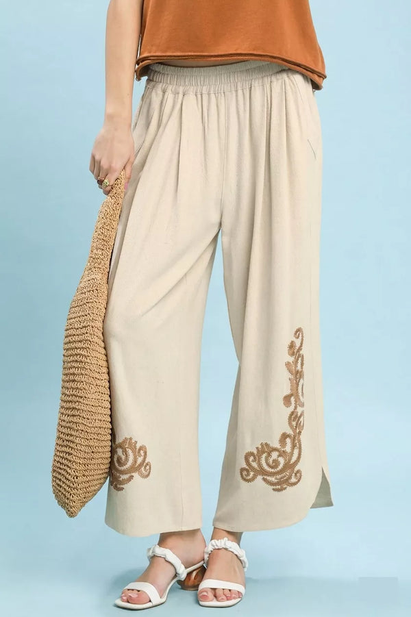 Linen Embroidered Wide-Leg Pants