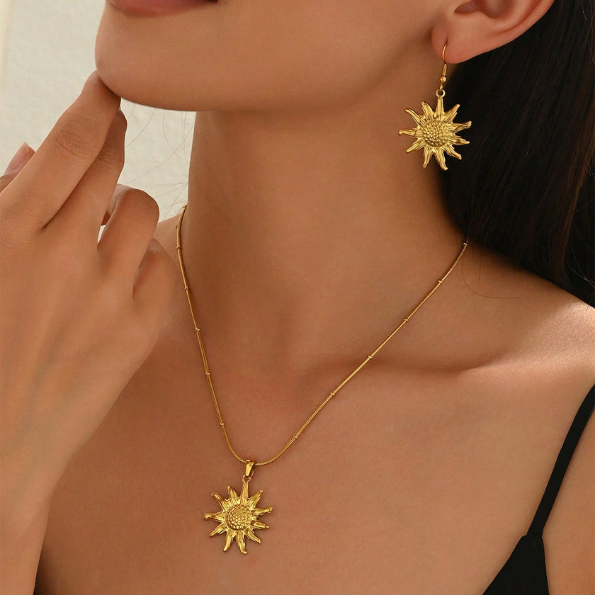 Lxalry 18K Gold Plated Stainless Steel Sun Pendant Necklace And Earrings Set For Women - Elegant Summer Jewelry Gift, Waterproof, Hypoallergenic, Perfect For Birthday, Beach, Wedding, And Daily Wears