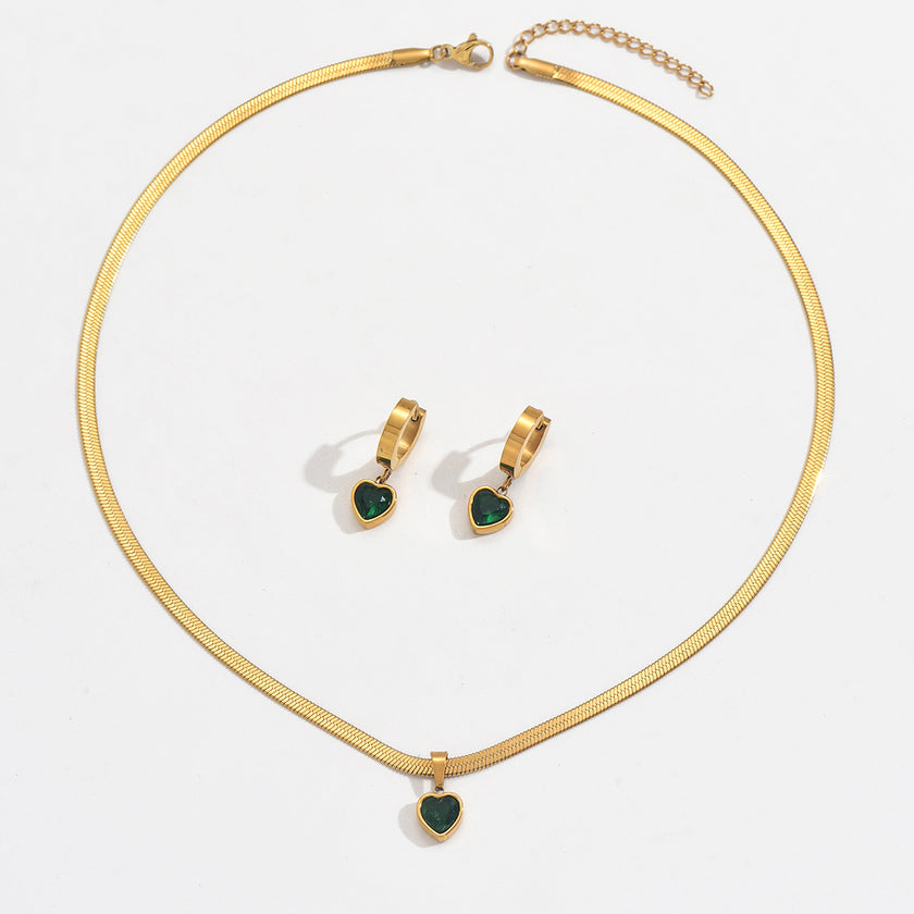 Lxalry 18K Gold Plated Stainless Steel Green Heart Jewelry Set For Women - Waterproof Hypoallergenic Elegant Necklace And Earrings Gift For Birthday Wedding Anniversary Christmas Daily Wear