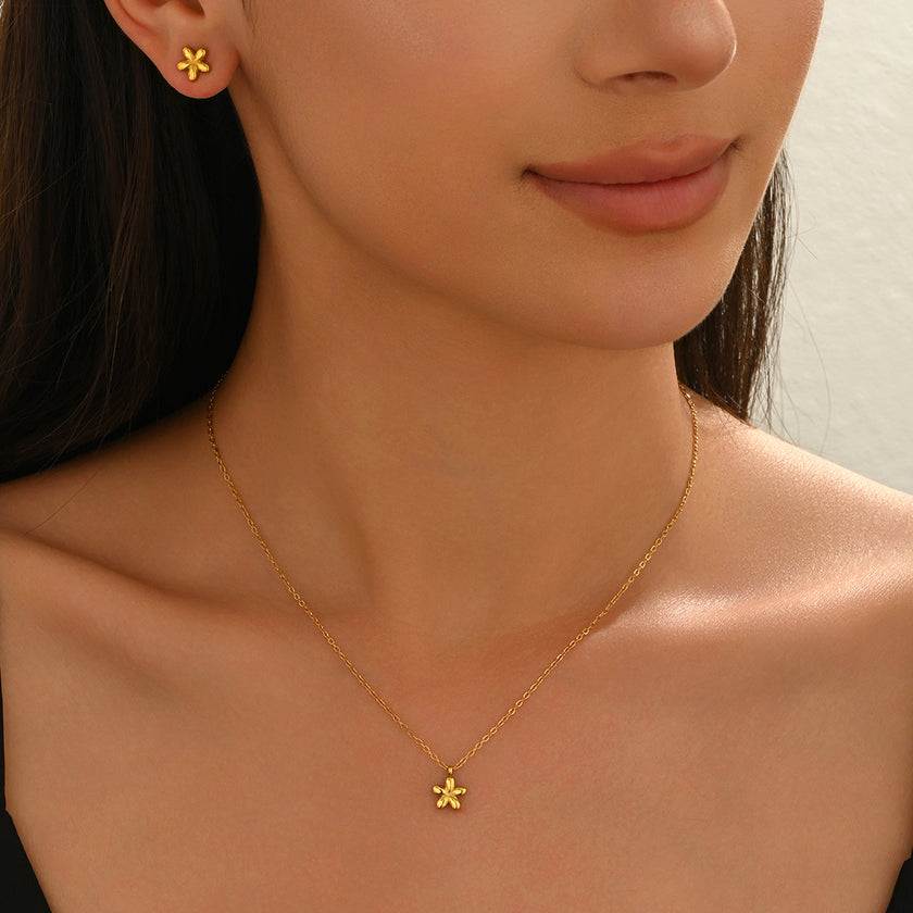 Lxalry 18K Gold Plated Stainless Steel Flower Pendant Necklace And Earrings Set For Women - Cute & Elegant Minimalist Jewelry For Summer, Gifts, Daily Wear, Birthday, And Anniversary - Waterproof & Hy