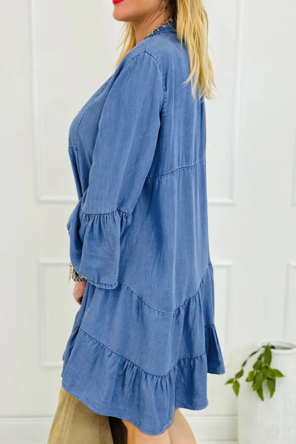 Denim Notched Flare Sleeve Dress