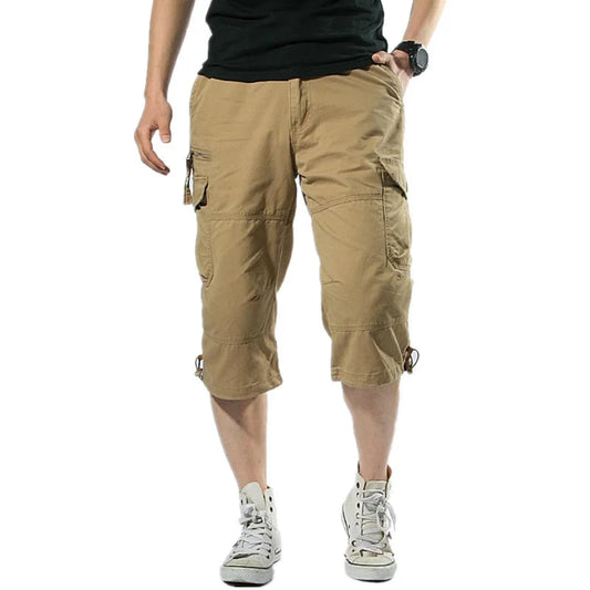 Male Shorts Multi Pocket Summer Loose Zipper Breeches Khaki Grey Plus Size Short Pant Casual Cotton Black Long Mens Cargo Shorts