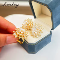 Lxalry 18K Gold Plated Copper Flower Jewelry Set - Baroque Style Statement Ring & Earrings - Hypoallergenic, Non-Tarnish, Elegant Gift For Women