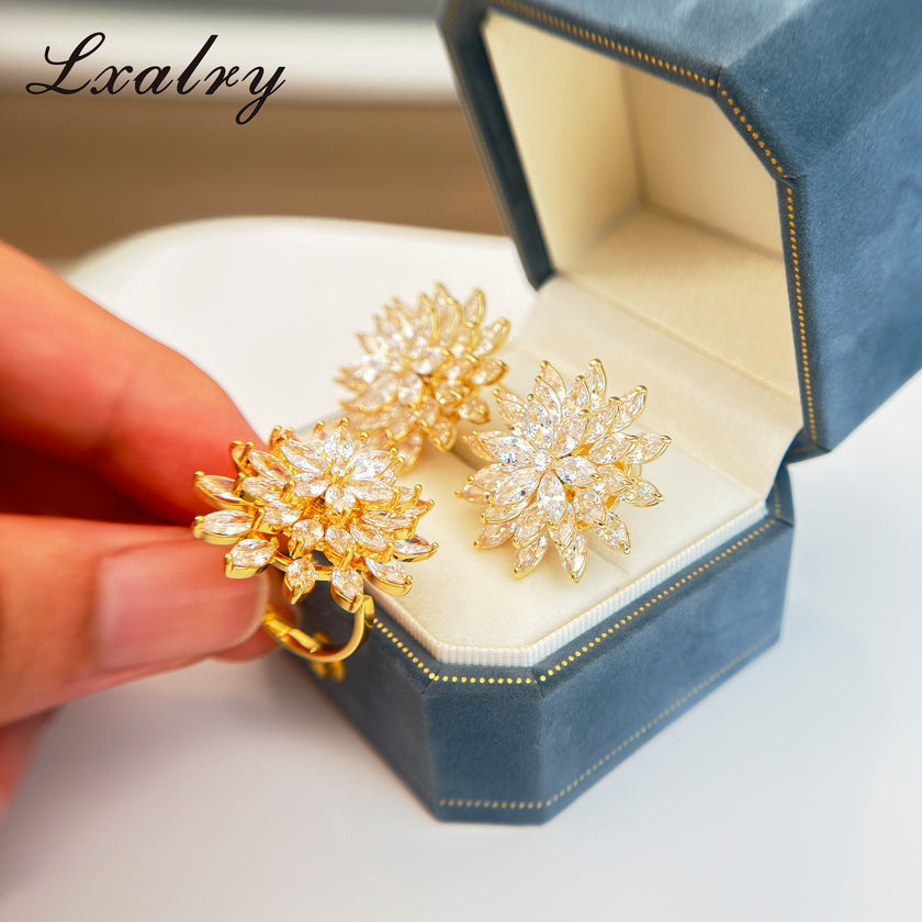 Lxalry 18K Gold Plated Copper Flower Jewelry Set - Baroque Style Statement Ring & Earrings - Hypoallergenic, Non-Tarnish, Elegant Gift For Women