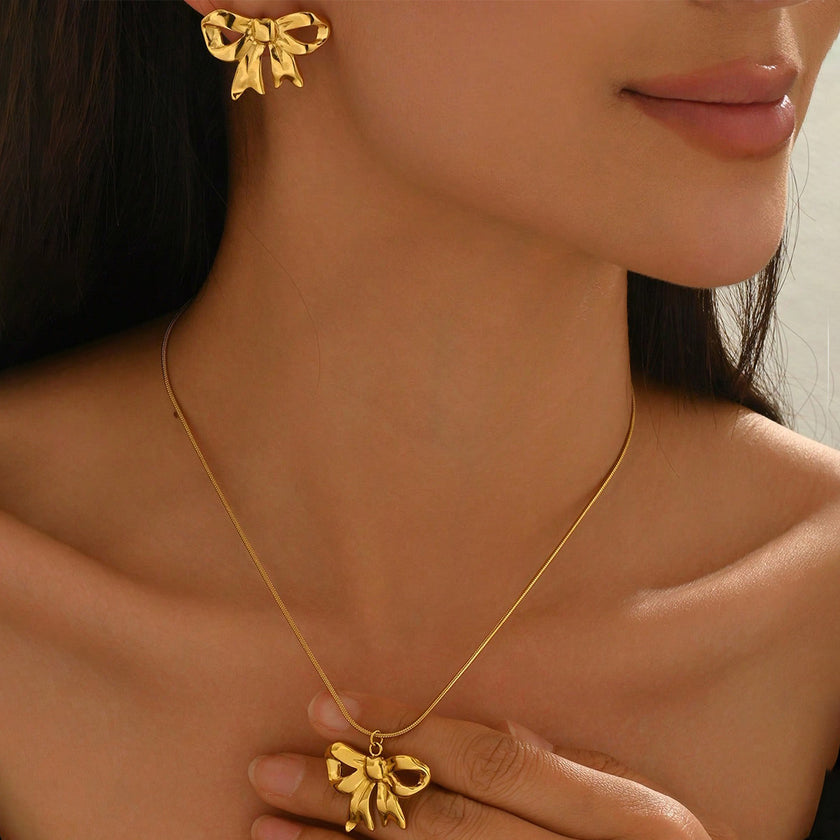 Lxalry 18K Gold Plated Stainless Steel Bow Jewelry Set For Women - Cute Waterproof Necklace & Earrings, Hypoallergenic, Elegant Gift For Birthday, Girlfriend, Christmas, Summer, Daily Wear