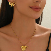 Lxalry 18K Gold Plated Stainless Steel Bow Jewelry Set For Women - Cute Waterproof Necklace & Earrings, Hypoallergenic, Elegant Gift For Birthday, Girlfriend, Christmas, Summer, Daily Wear