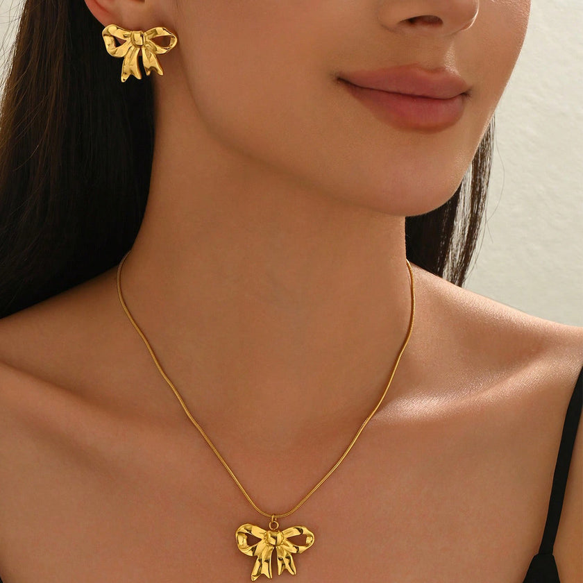 Lxalry 18K Gold Plated Stainless Steel Bow Jewelry Set For Women - Cute Waterproof Necklace & Earrings, Hypoallergenic, Elegant Gift For Birthday, Girlfriend, Christmas, Summer, Daily Wear