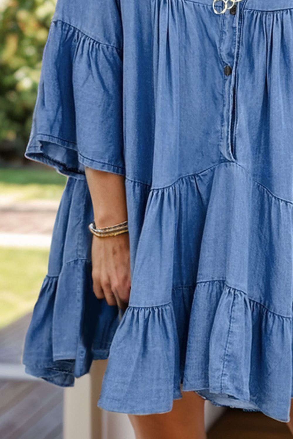 Denim Notched Flare Sleeve Dress