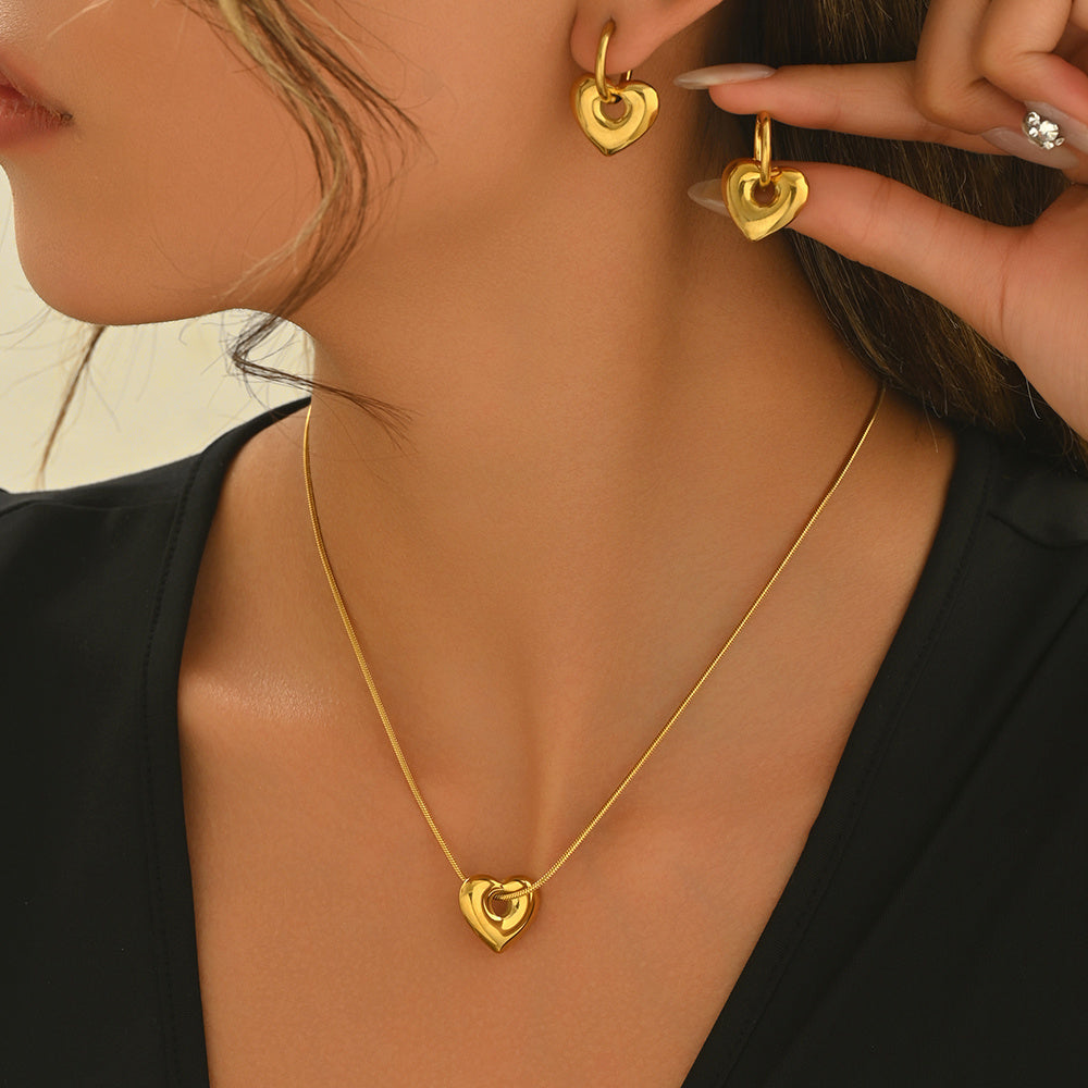 Lxalry 18K Gold Plated Stainless Steel Heart Pendant Necklace And Hoop Earrings Set For Women - Waterproof Hypoallergenic Elegant Gift For Girlfriend Birthday Wedding Anniversary Daily Wear